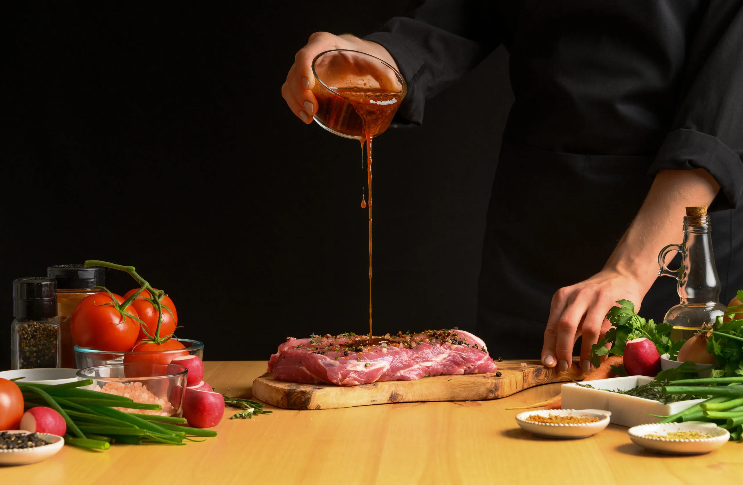 Marinade wird über ein Stück Fleisch gegossen